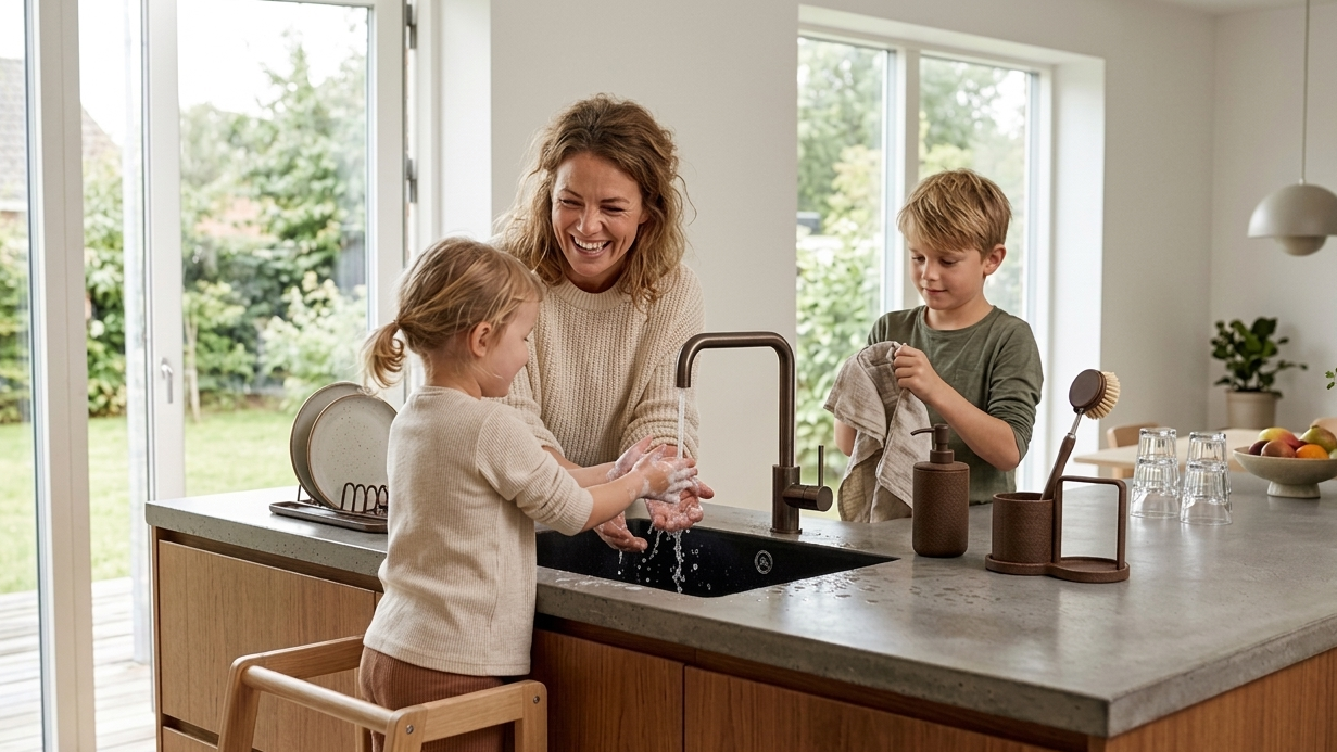 Kvinde har det sjovt i køkken med børnene