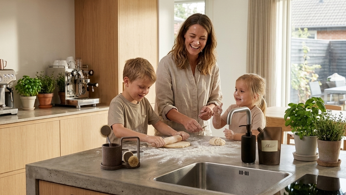 Kvinder griner med børn i køkken uden bekymringer